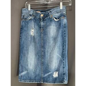 Distressed Denim Skirt Blue Faded Wash Frayed Hem 5-Pocket Button Fly Size 26